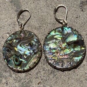 Vintage Abalone Round Disk Dangle Women’s Earrings Gold Tone Sz 2” Boho Western